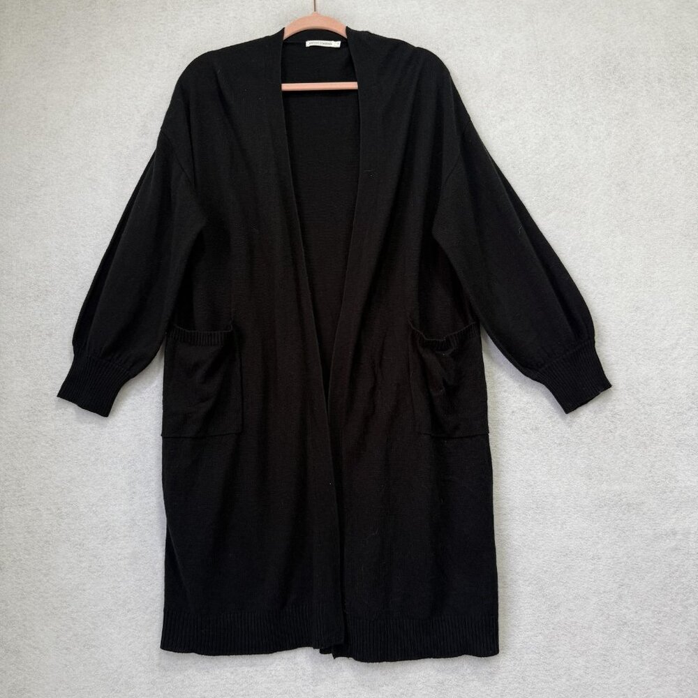 BROWNY STANDARD Cardigan Sweater Womens F Black Open Front Pockets Longline